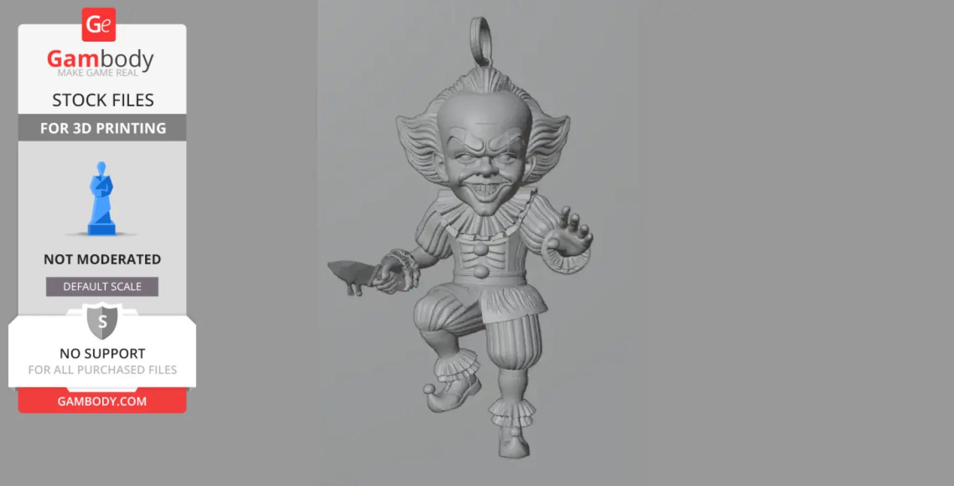 A 3D model of a creepy clown holding a weapon, with exaggerated features and a hanging loop.