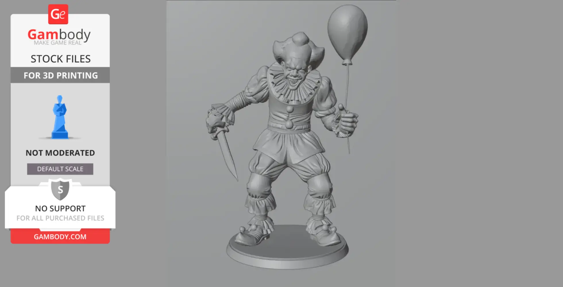 3D model of a creepy clown holding a balloon and knife, standing menacingly on a round base.