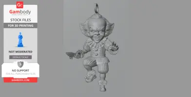 A 3D model of a creepy clown holding a weapon, with exaggerated features and a hanging loop.