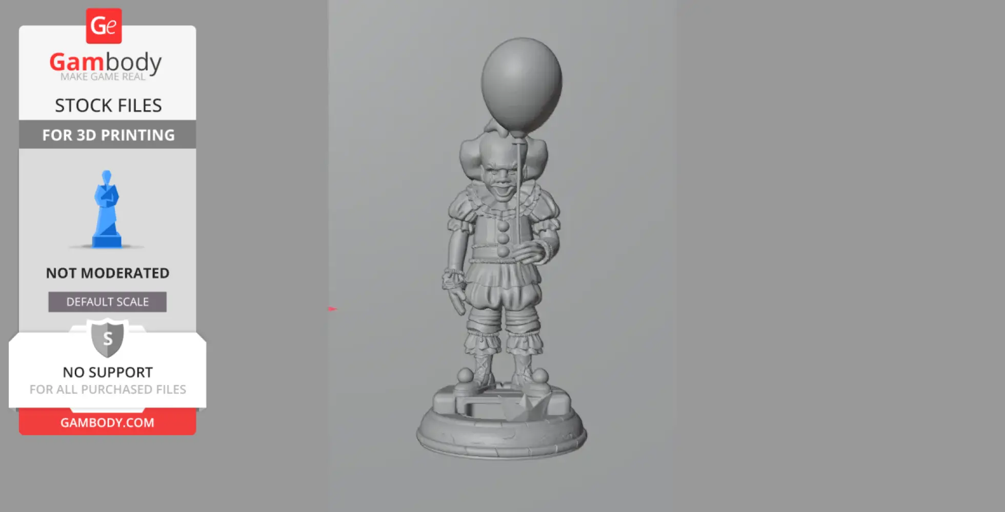 3D model of a clown with a balloon, standing on a decorative base.