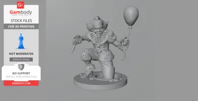 A creepy clown 3D model holding a balloon and knife, kneeling on a round base.