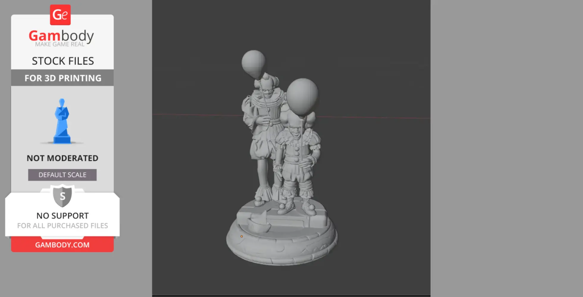 Two sinister clown figures holding balloons on a decorative base designed for 3D printing.