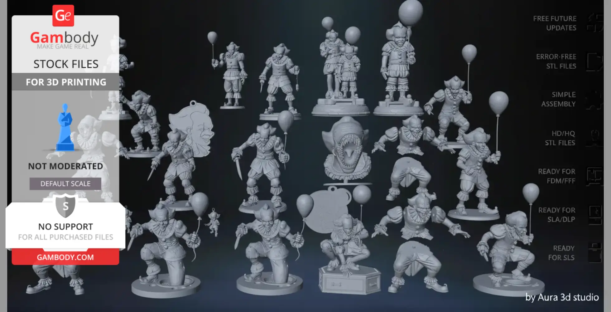 A collection of 3D Pennywise models holding balloons, arranged in various poses for 3D printing.