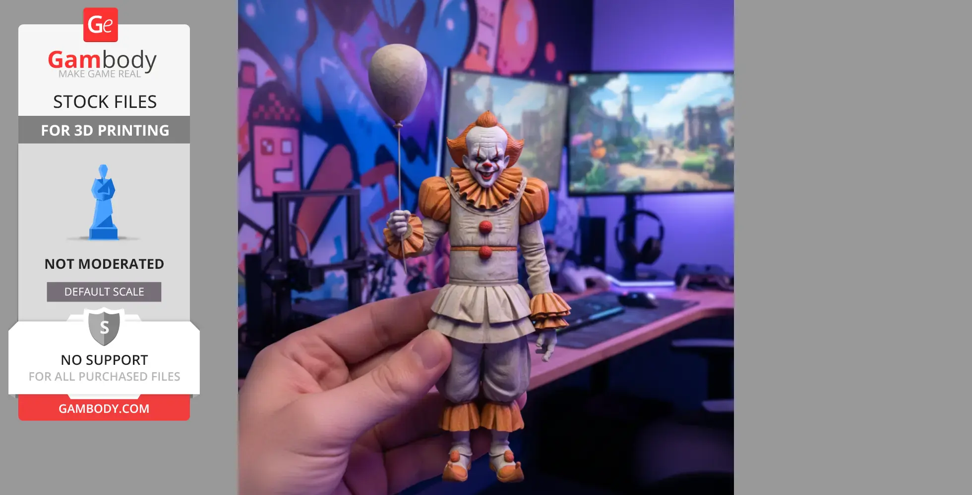 A 3D-printed clown figurine holding a balloon, displayed in a tech-themed room with gaming monitors.