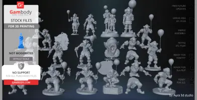 A collection of 3D Pennywise models holding balloons, arranged in various poses for 3D printing.