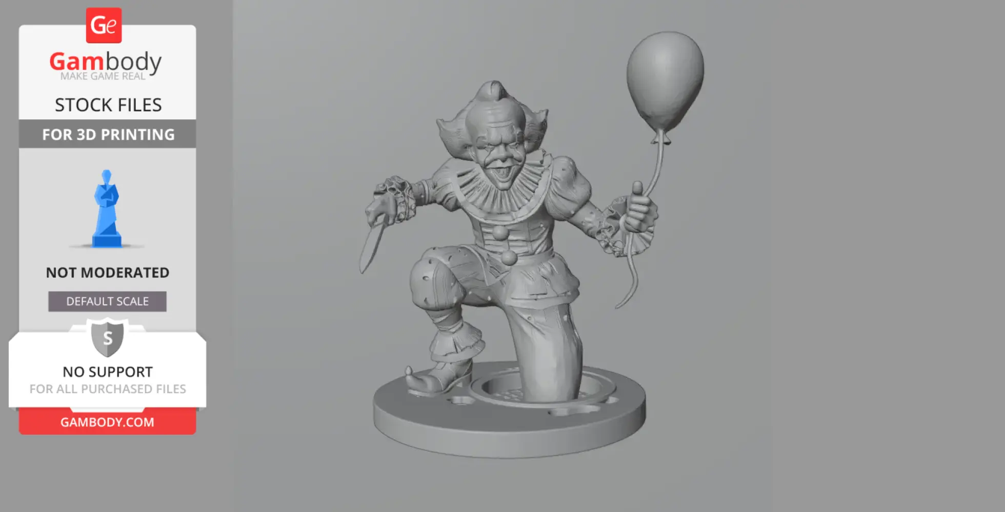 A creepy clown 3D model holding a balloon and knife, kneeling on a round base.