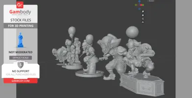 A collection of detailed clown figures in various poses, each holding a balloon, designed for 3D printing.