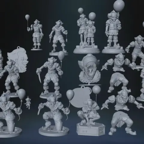 A collection of 15 3D models featuring a clown with balloons, plus a free mask, designed for printing.