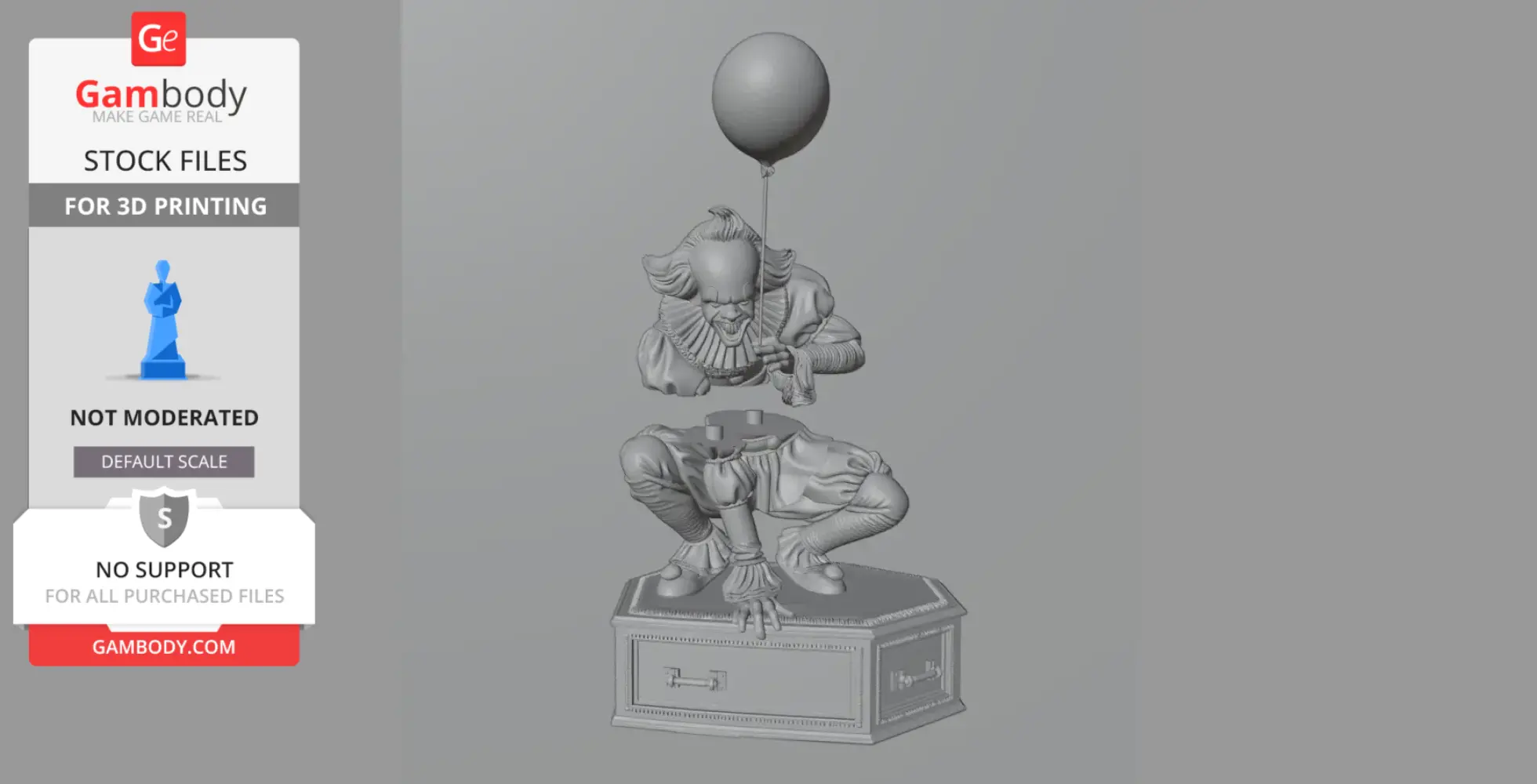 Creepy clown crouching on a box, holding a balloon. 3D model STL for printing.