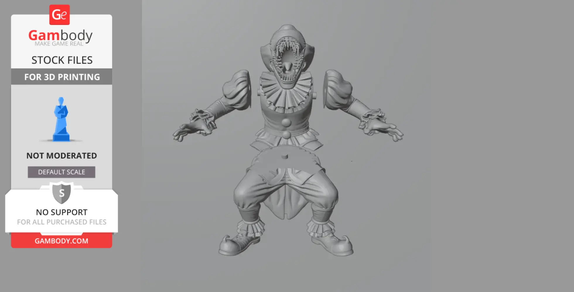 Creepy clown 3D model with an open mouth, wearing puffy sleeves and pants.