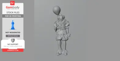 Creepy clown figure holding a balloon, designed for 3D printing.