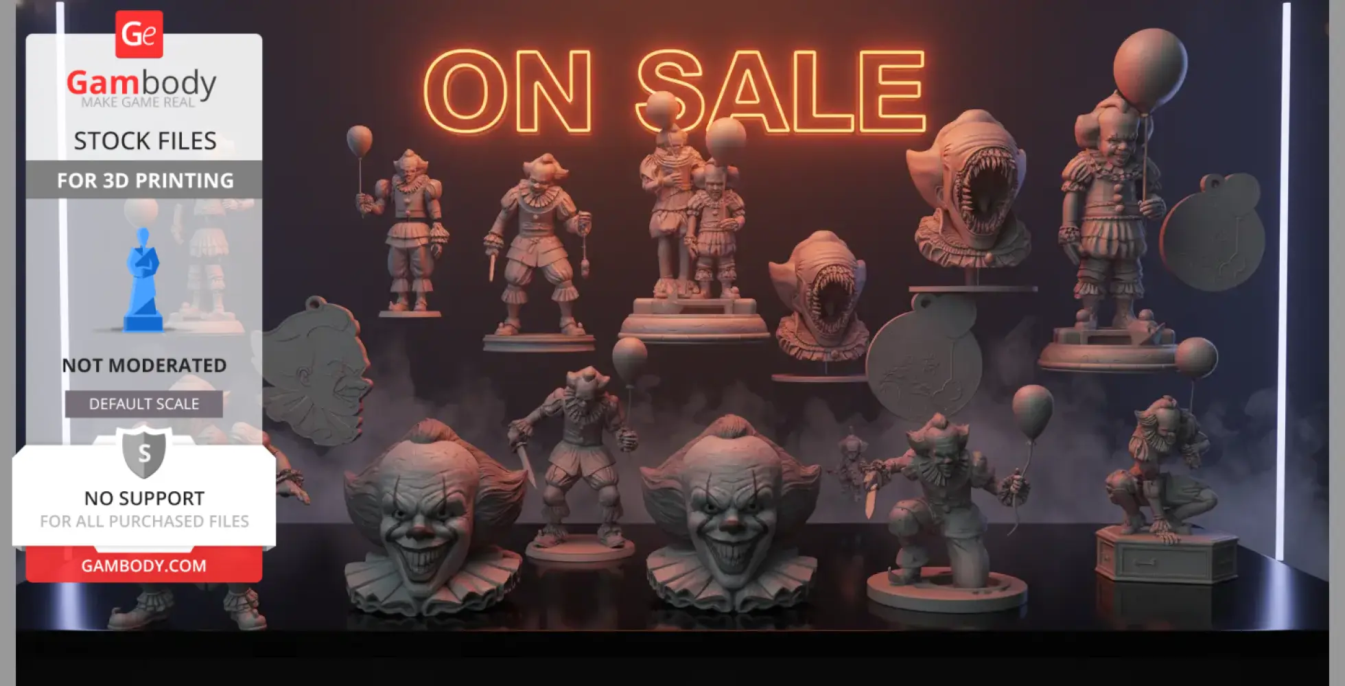 Collection of 15 Pennywise-themed 3D models with a free mask, showcased against a misty backdrop.