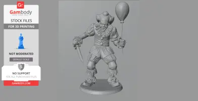 3D model of a creepy clown holding a balloon and knife, standing menacingly on a round base.