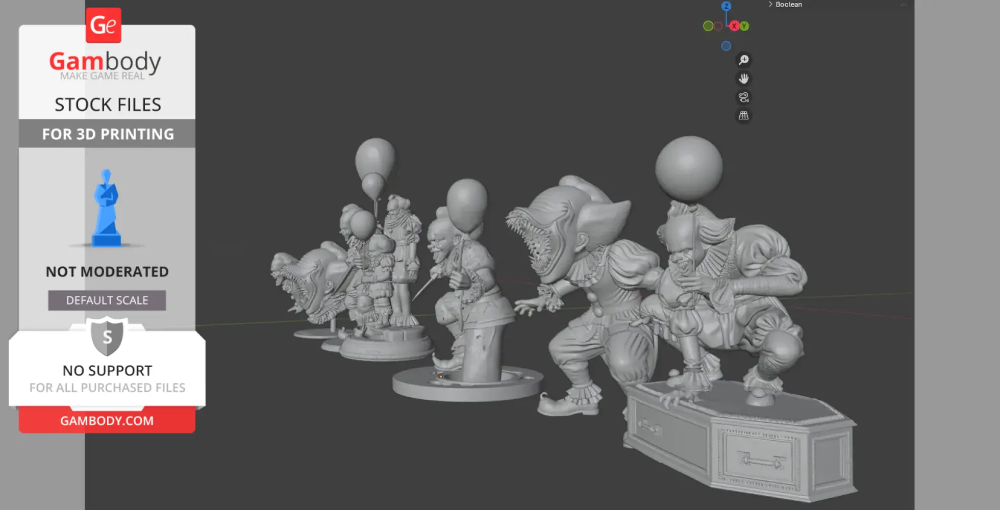 A collection of detailed clown figures in various poses, each holding a balloon, designed for 3D printing.
