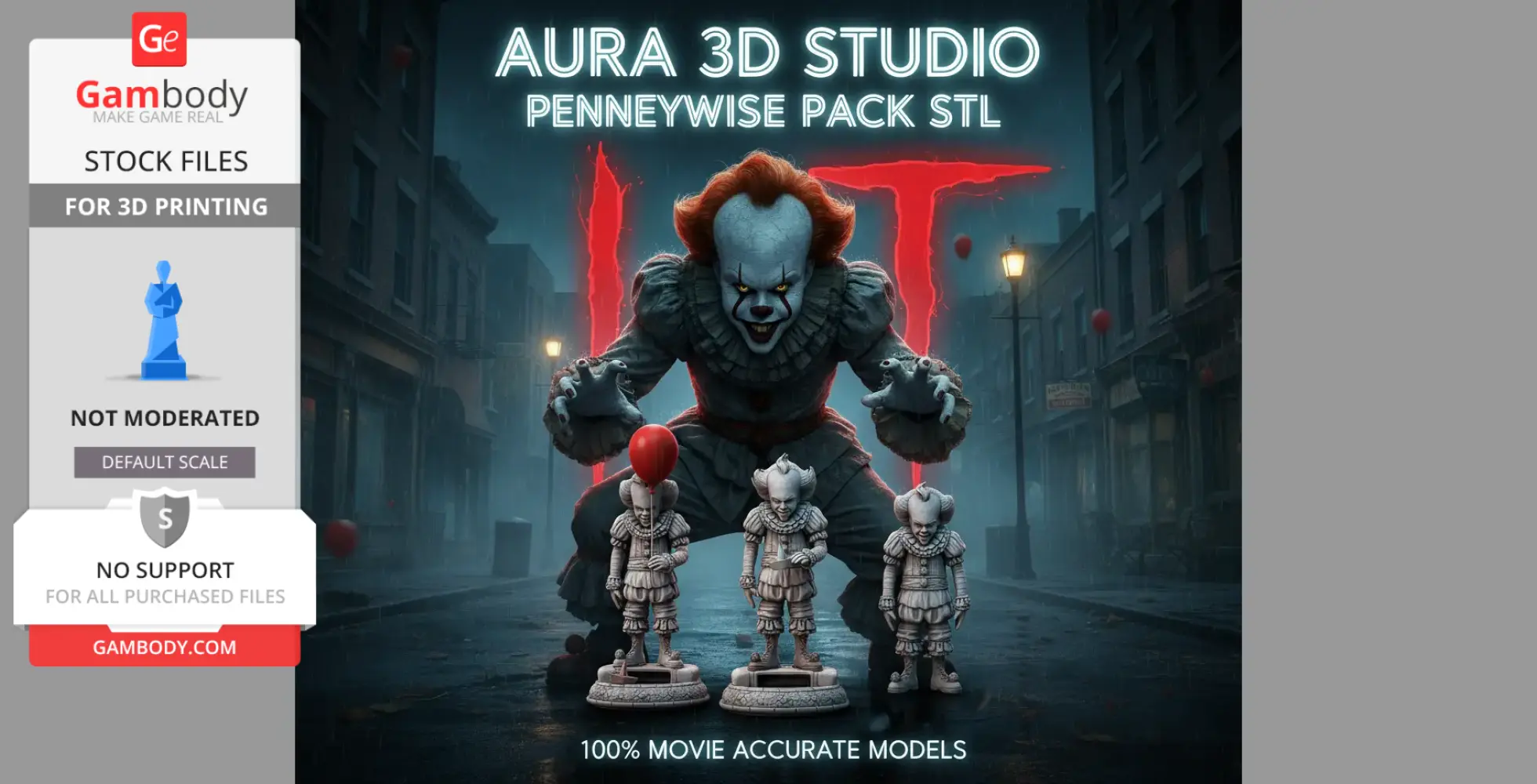 Creepy clown figure with red hair and costume, surrounded by three smaller clown models on a foggy street.