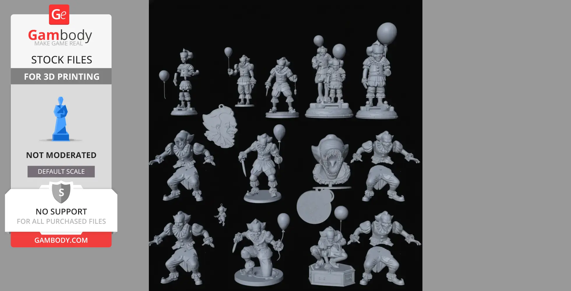 Collection of 3D Pennywise figurines in various poses with balloons and accessories.