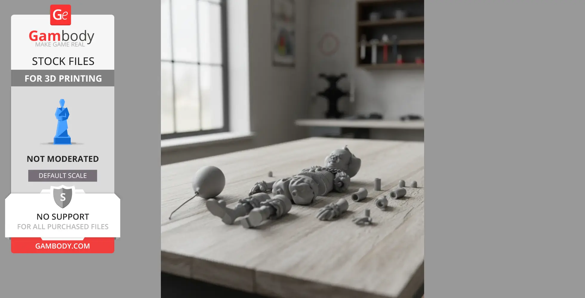 Disassembled 3D model of a clown with balloon parts on a table, ready for printing assembly.