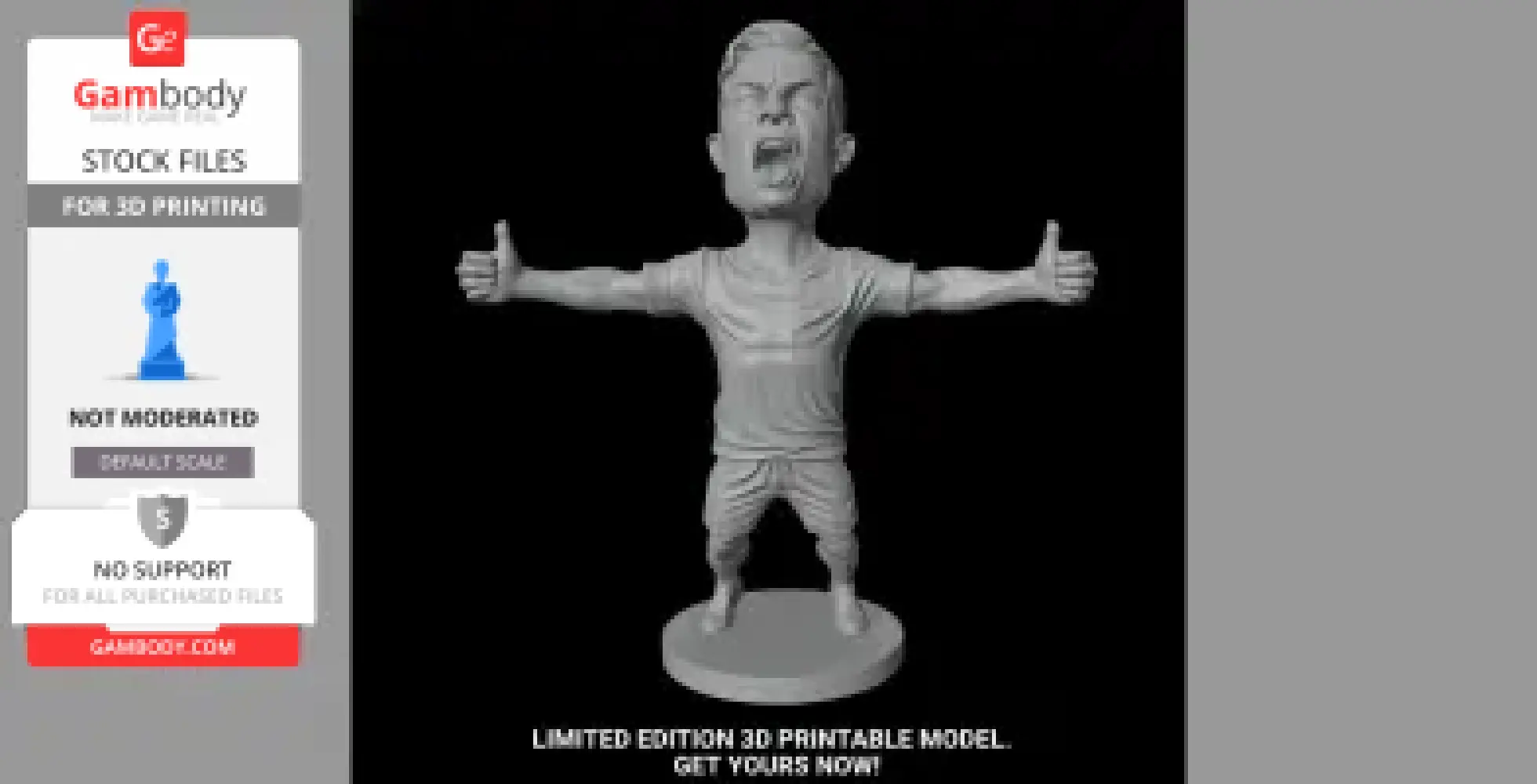 A chibi-style 3D model of a soccer player with open arms, standing on a circular base.