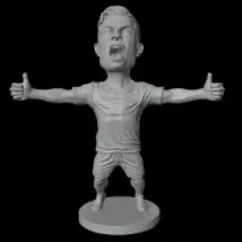 A chibi-style figure with outstretched arms and a triumphant expression, posed on a round base.