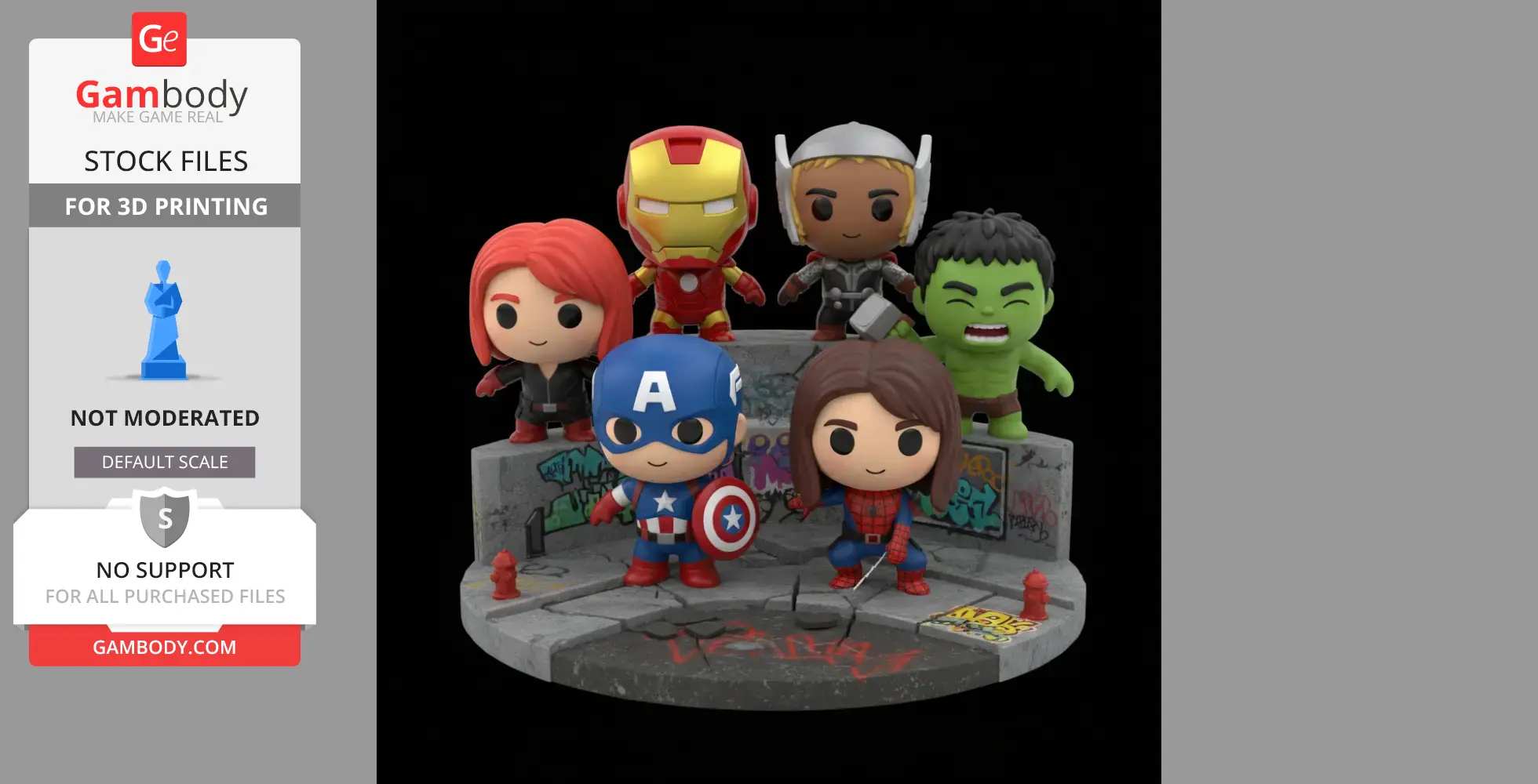 Chibi-style figures of six superheroes on an urban diorama with graffiti and cracked pavement.
