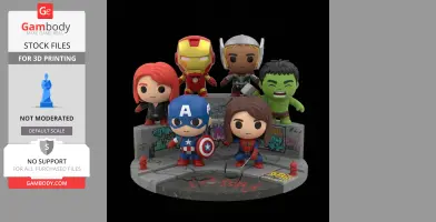 Chibi-style figures of six superheroes on an urban diorama with graffiti and cracked pavement.