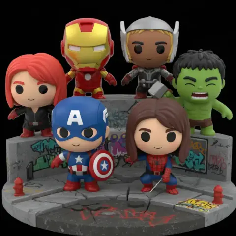Chibi Avengers figures on a decorated urban-themed diorama with graffiti details.