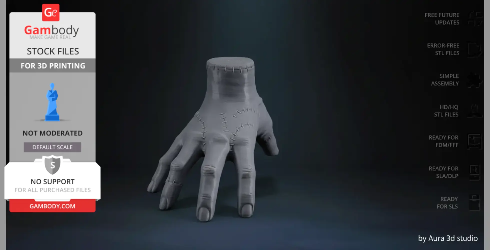 A detailed model of a stitched severed hand, resembling a prop for 3D printing.