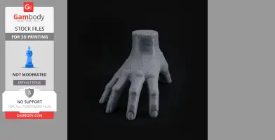 A detailed 3D print model of a disembodied stitched hand with a flat wrist base.