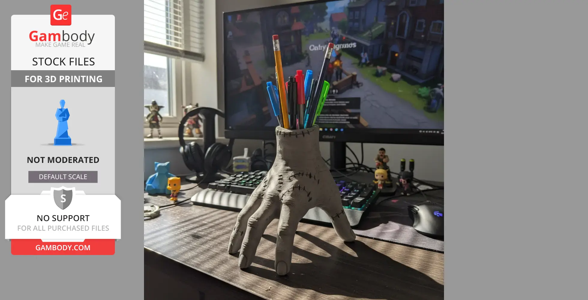 A 3D-printed hand-shaped pen holder loaded with pens on a desk, in front of a computer screen.