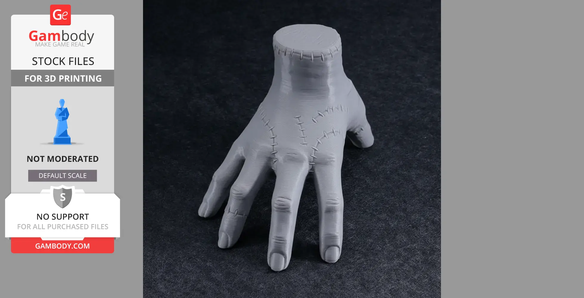 A 3D-printed model of a stitched, severed hand prop, suitable for modular display or use.