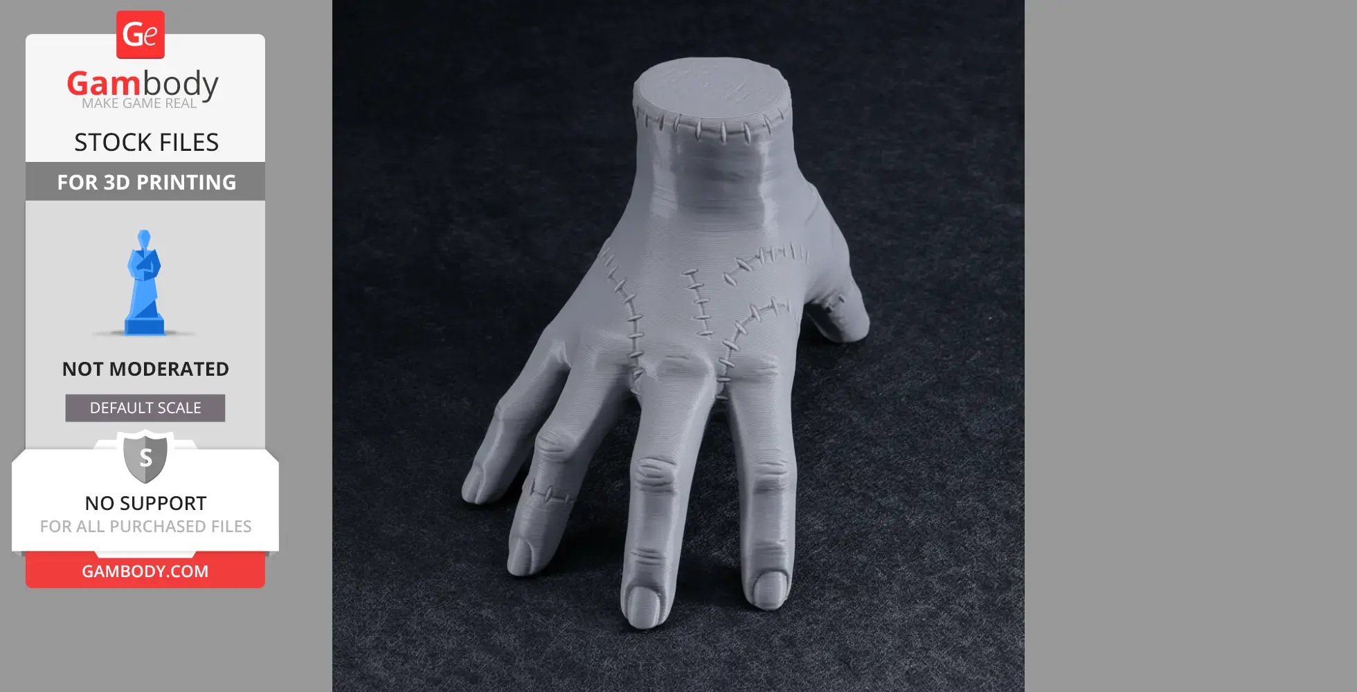 A 3D printed model of a detached hand with stitched details, resembling a prop from a spooky theme.