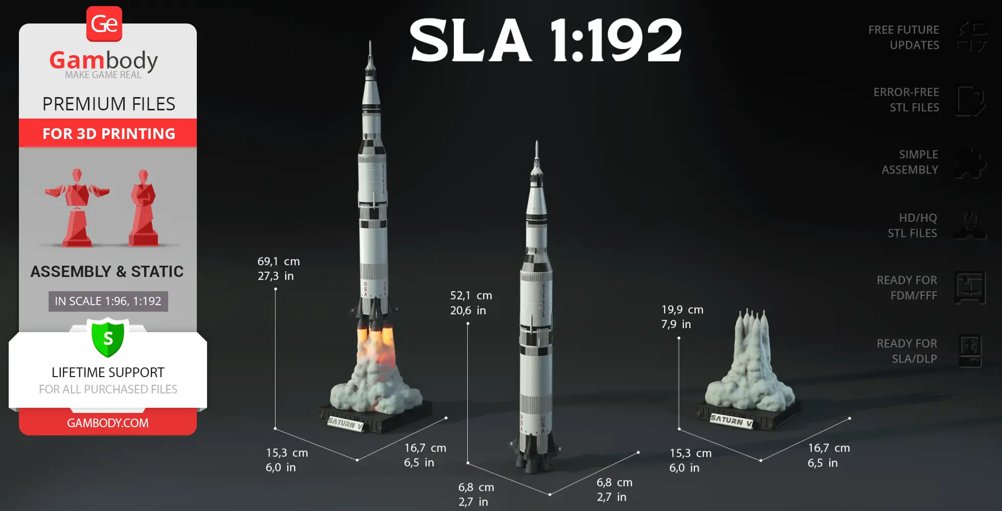 Three detailed 3D models of the Apollo 11 Saturn V rocket, showing different stages and launch effects.