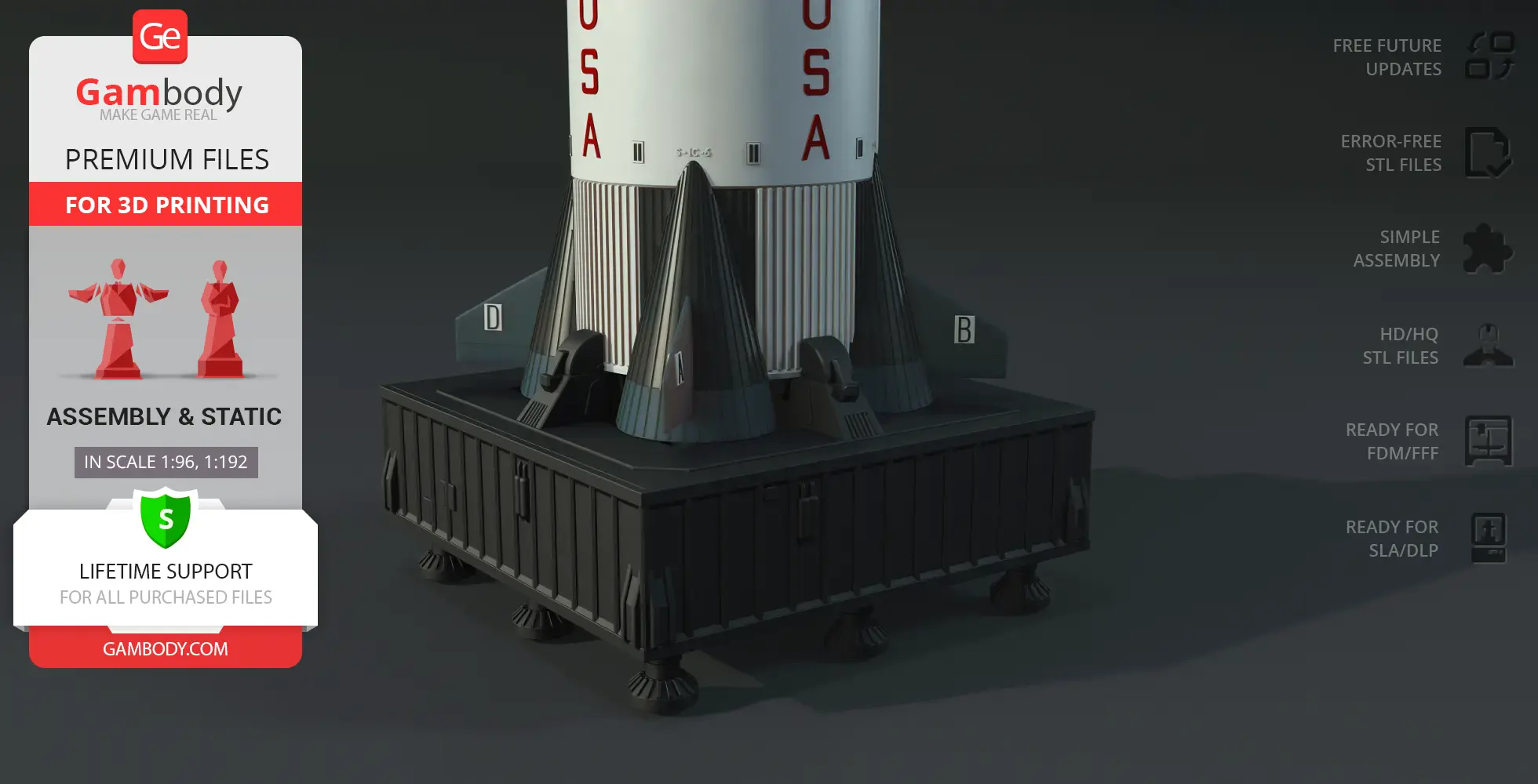 Detailed 3D model of Apollo 11 Saturn V rocket base displayed on a stand, suitable for 3D printing.