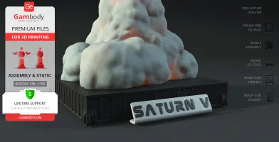 3D model base with clouds and a 'SATURN V' sign, suitable for 3D printing.