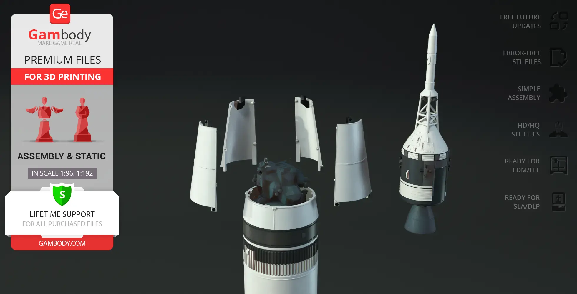Exploded view of Apollo 11 Saturn V Rocket model parts for 3D printing, showing detailed components.