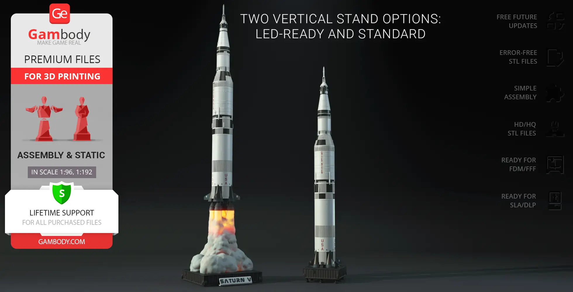 Two 3D models of the Saturn V rocket with LED-ready and standard stands, displayed on dark background.