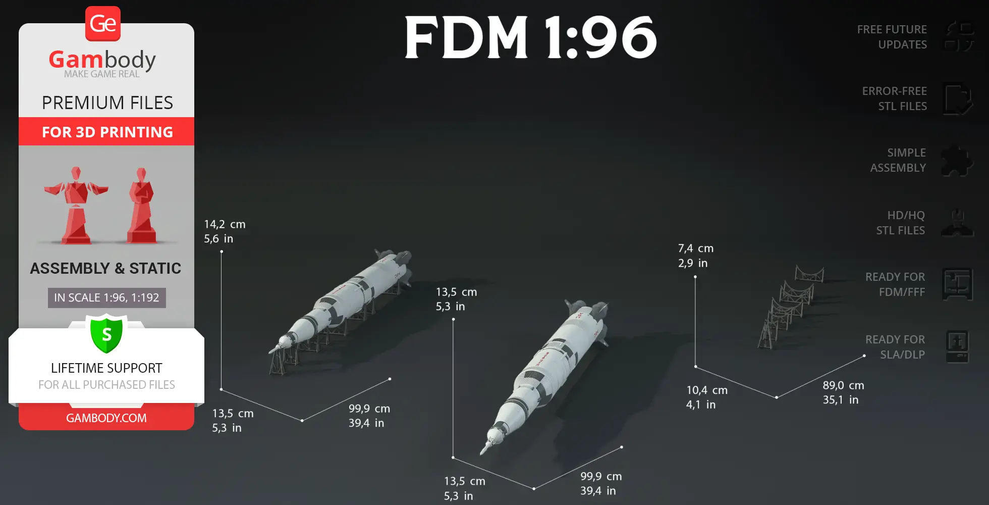 3D models of Apollo 11 Saturn V rocket for printing, with various dimensions and assembly details displayed.