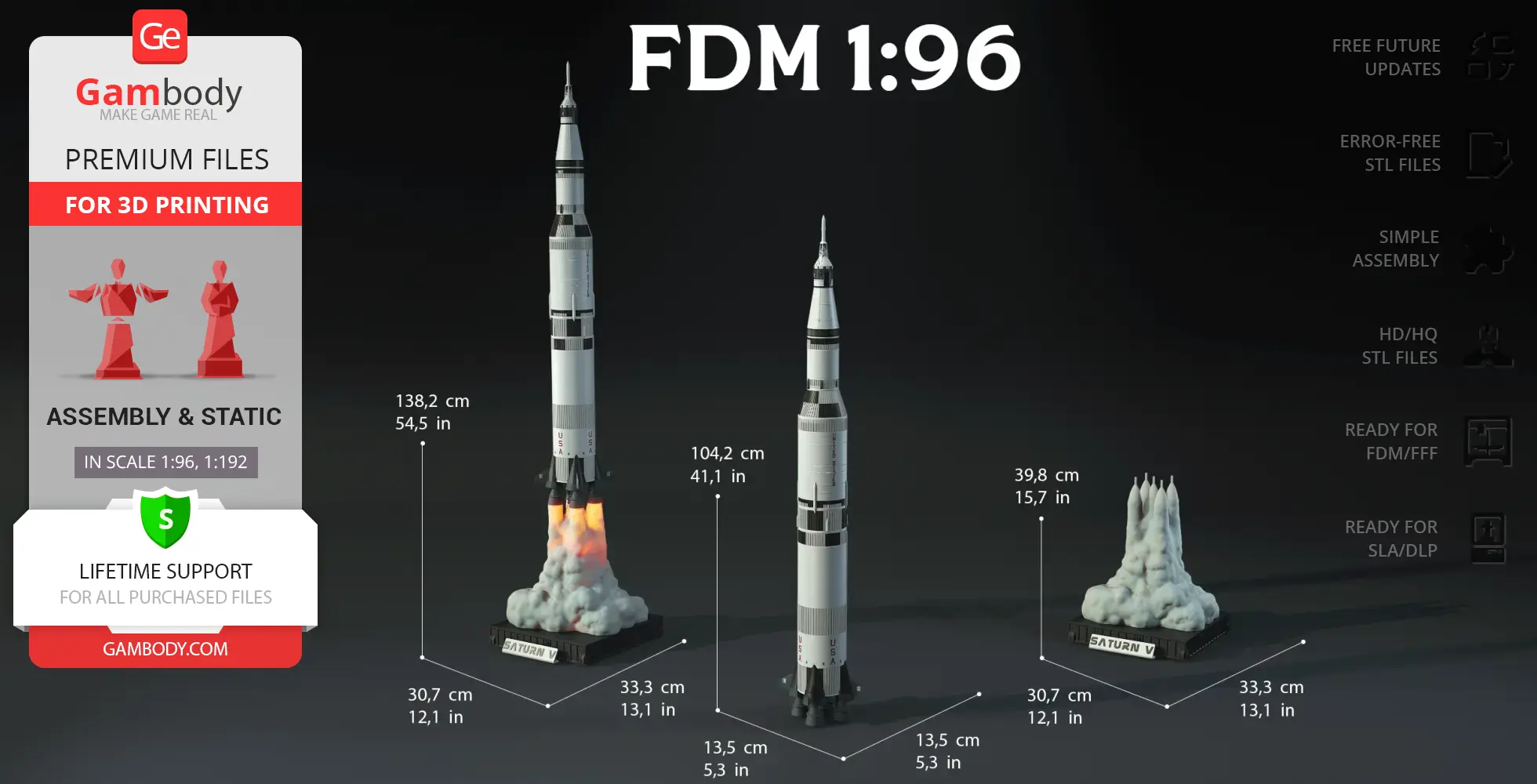 Apollo 11 Saturn V Rocket 3D models with assembly stages on display, featuring dimensions and liftoff effects.