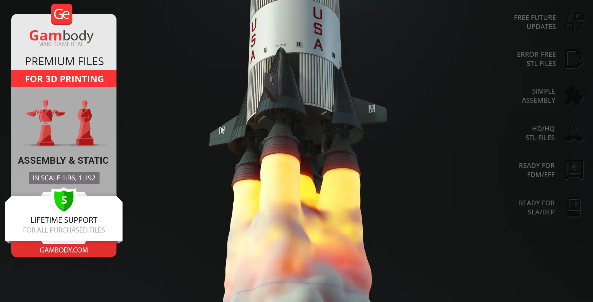 3D model of Apollo 11 Saturn V rocket launching, showing fiery exhaust flames.