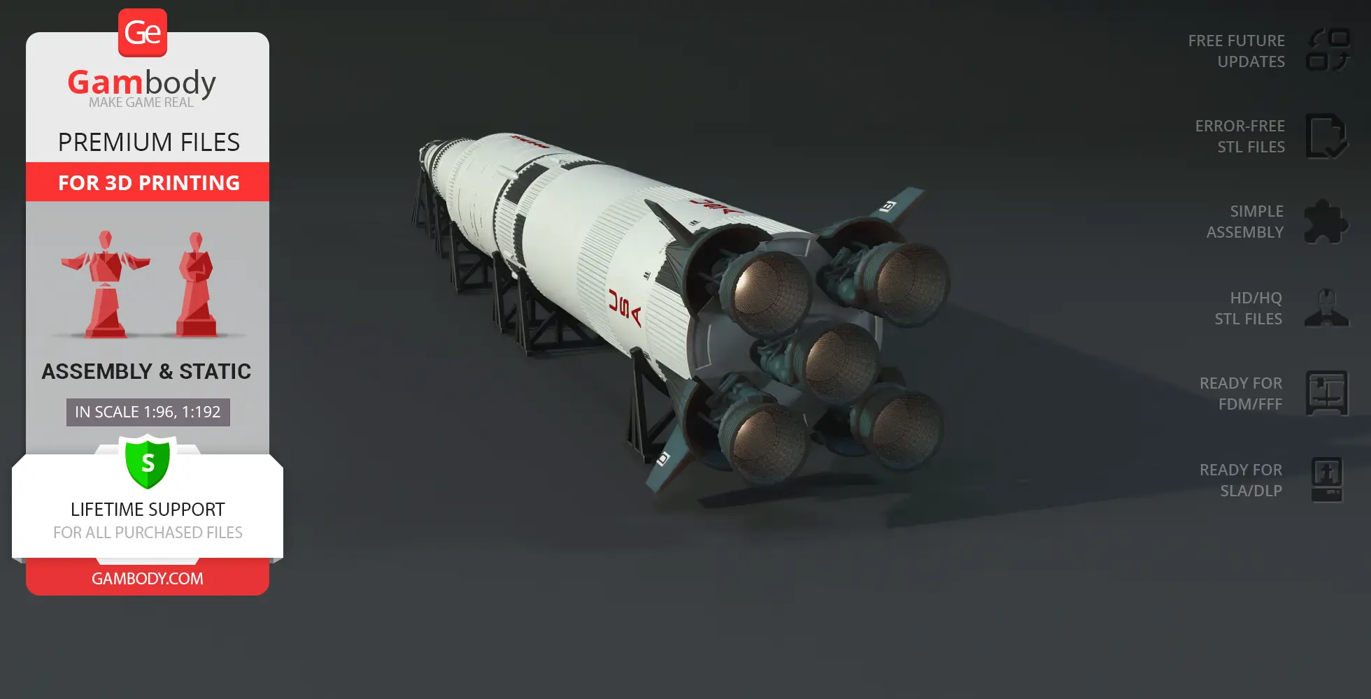 Apollo 11 Saturn V Rocket model for 3D printing, resting on support stands.