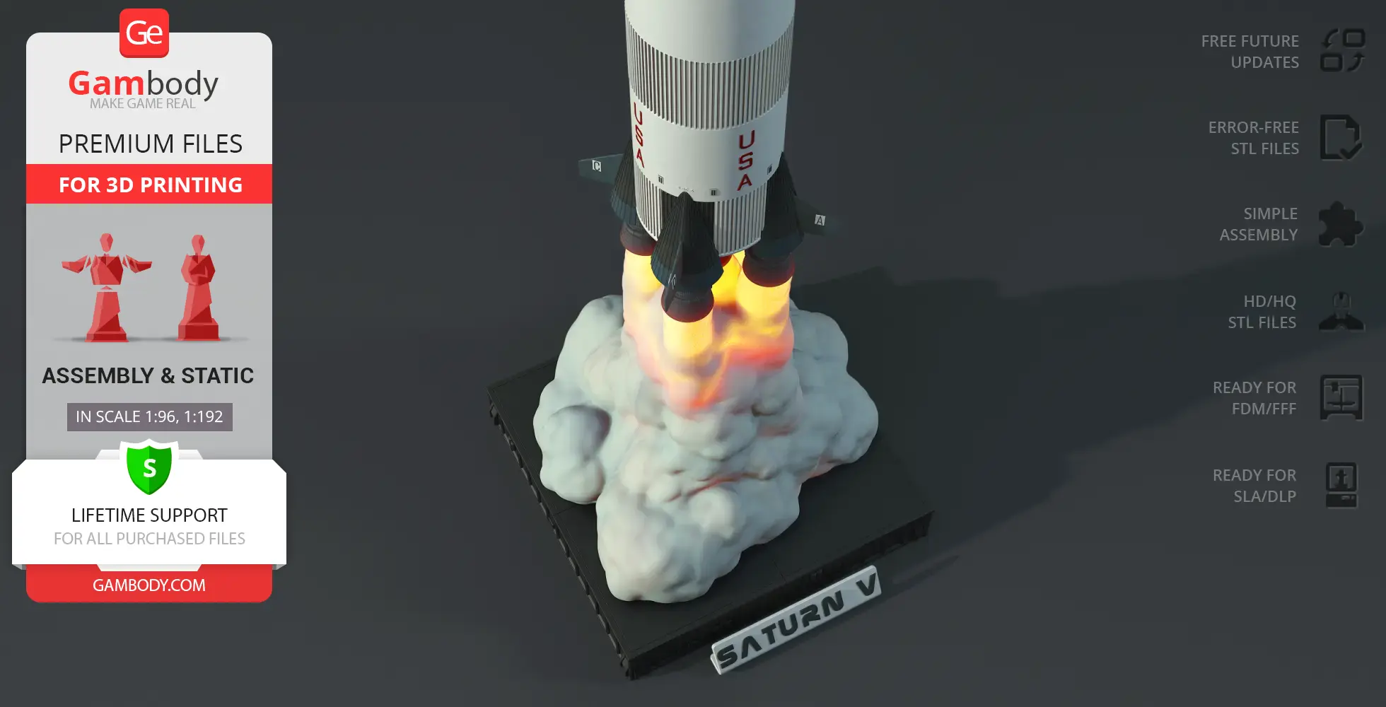 Apollo 11 Saturn V rocket model launching with fiery engines and smoke base on a display stand.