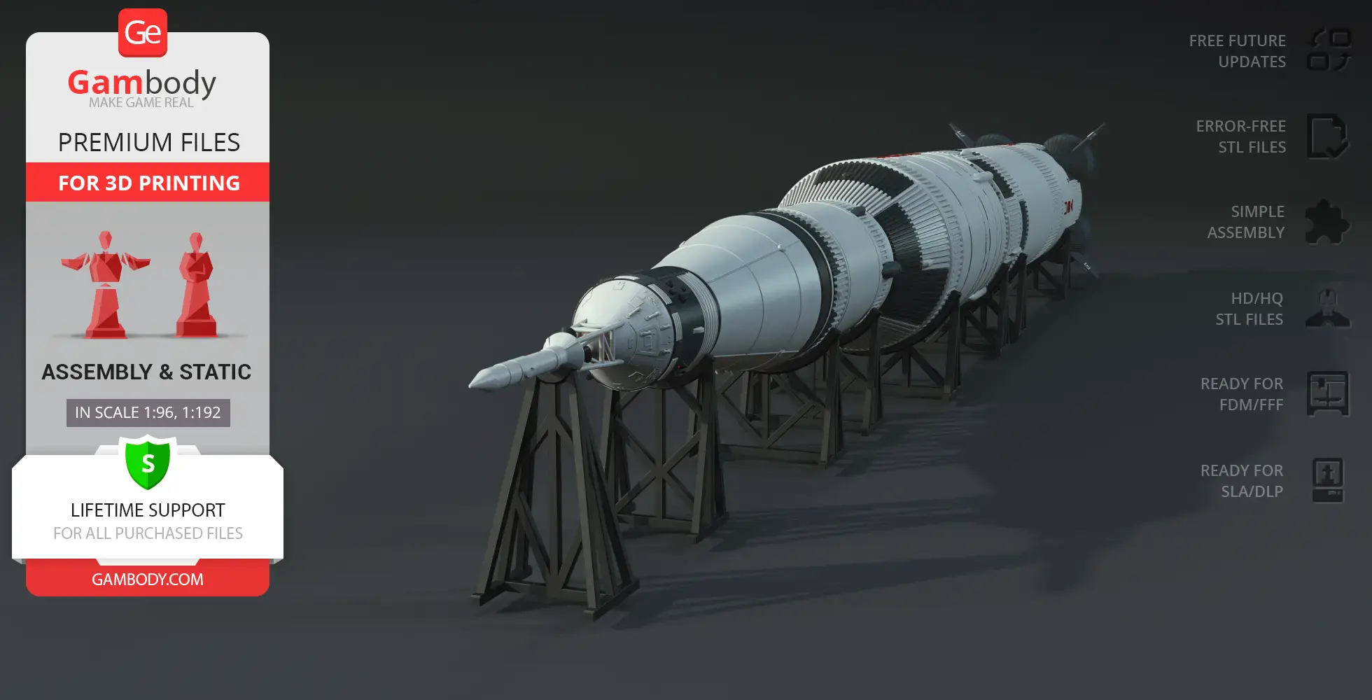 3D model of Apollo 11 Saturn V Rocket displayed on supports, ready for printing as STL files.