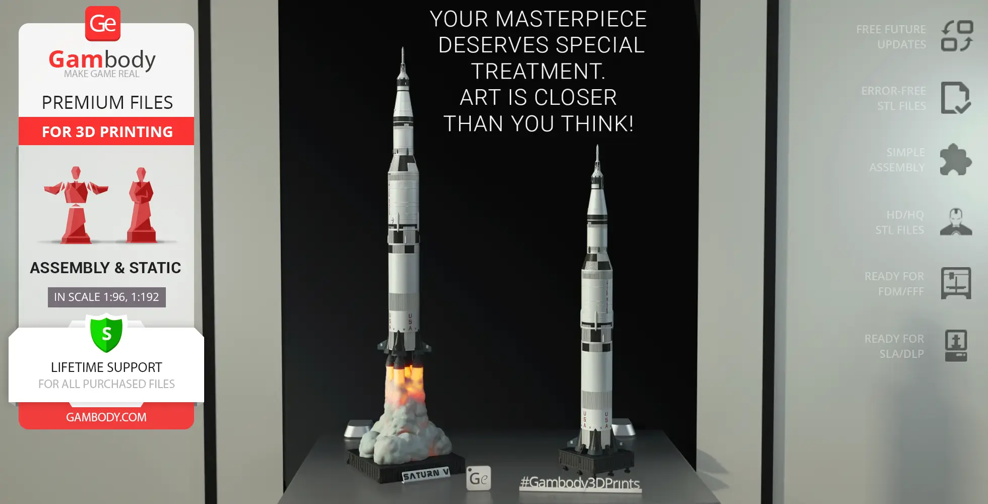 3D models of Apollo 11 Saturn V Rocket for printing, with one model showing fiery launch detail.