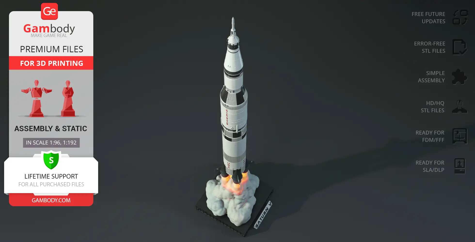 3D model of the Apollo 11 Saturn V rocket with launch effects, ready for 3D printing.