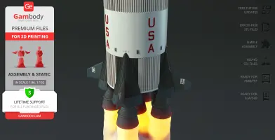 3D model of the Apollo 11 Saturn V rocket's base section, showing engines and flames, for 3D printing.