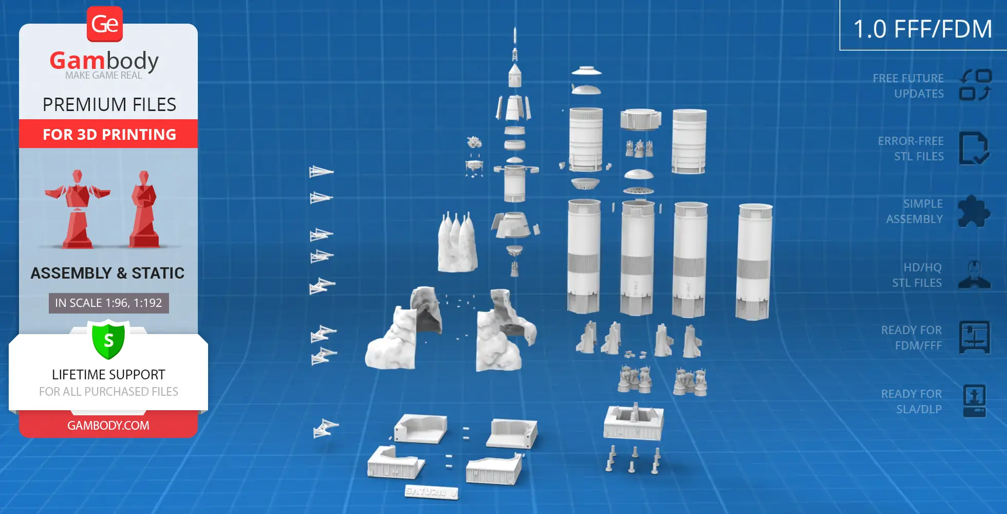 Apollo 11 Saturn V Rocket 3D model showing detailed parts for assembly on a blue grid background.