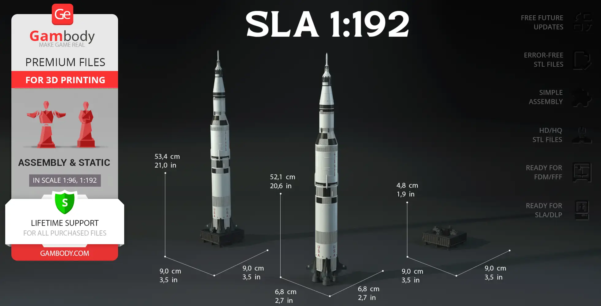 Two detailed 3D models of the Saturn V rocket, displayed with dimensions and printing information.
