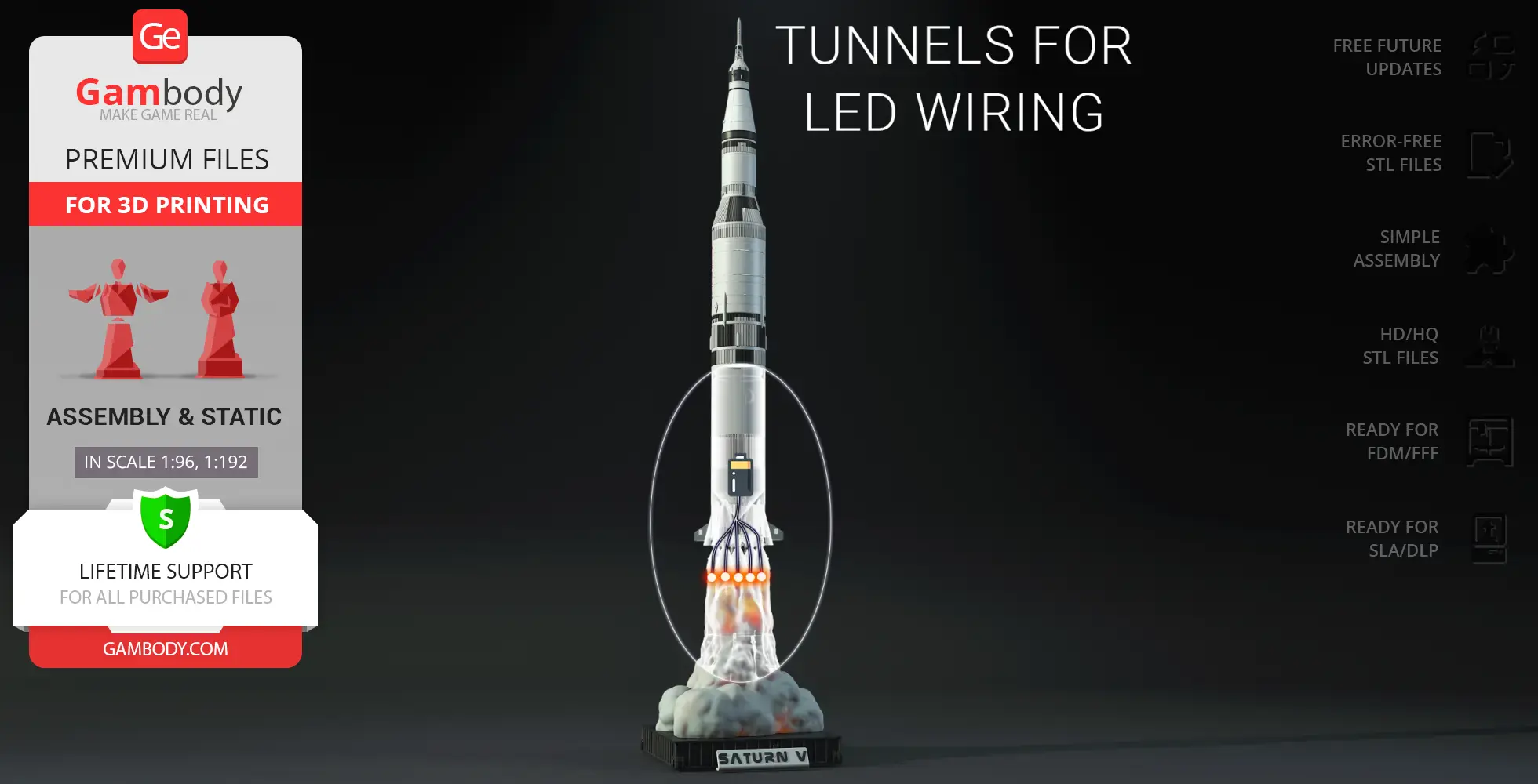 3D model of the Apollo 11 Saturn V Rocket, featuring LED wiring tunnels on a labeled base.