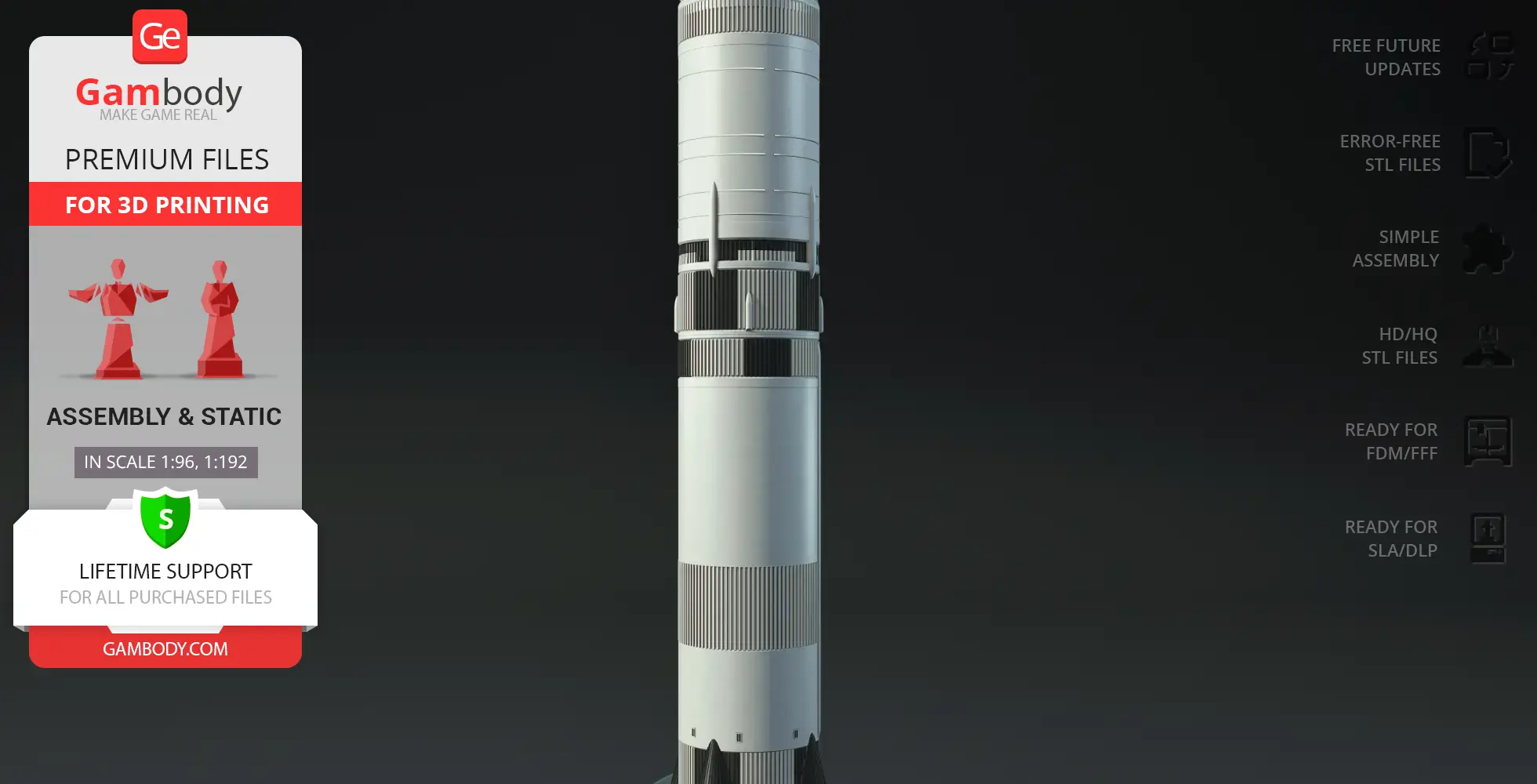 3D model of Apollo 11 Saturn V Rocket, detailed for 3D printing, from Gambody.