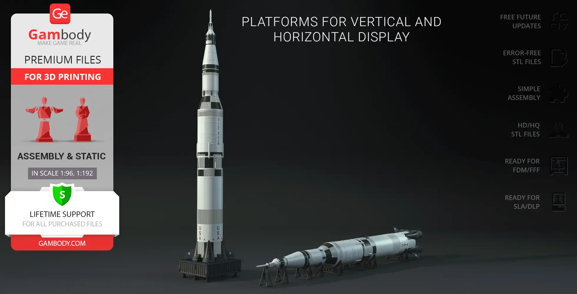 3D model of Apollo 11 Saturn V Rocket, shown in vertical and horizontal display modes.
